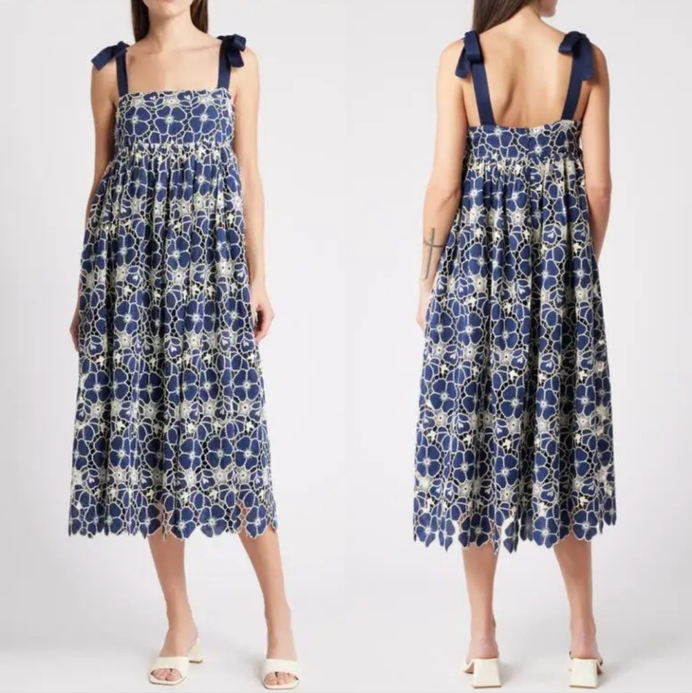 Mila Mae Embroidered Tie Strap Midi Dress